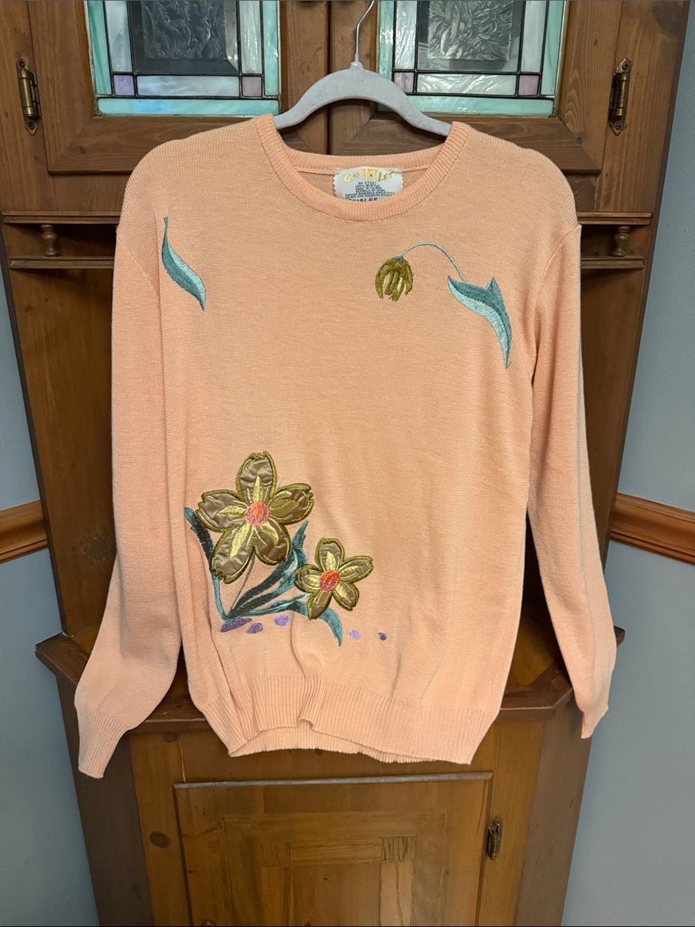 Vintage 1970s Cyn Les Shirlee Designs Floral Embroidered Sweater Pastel Pink M